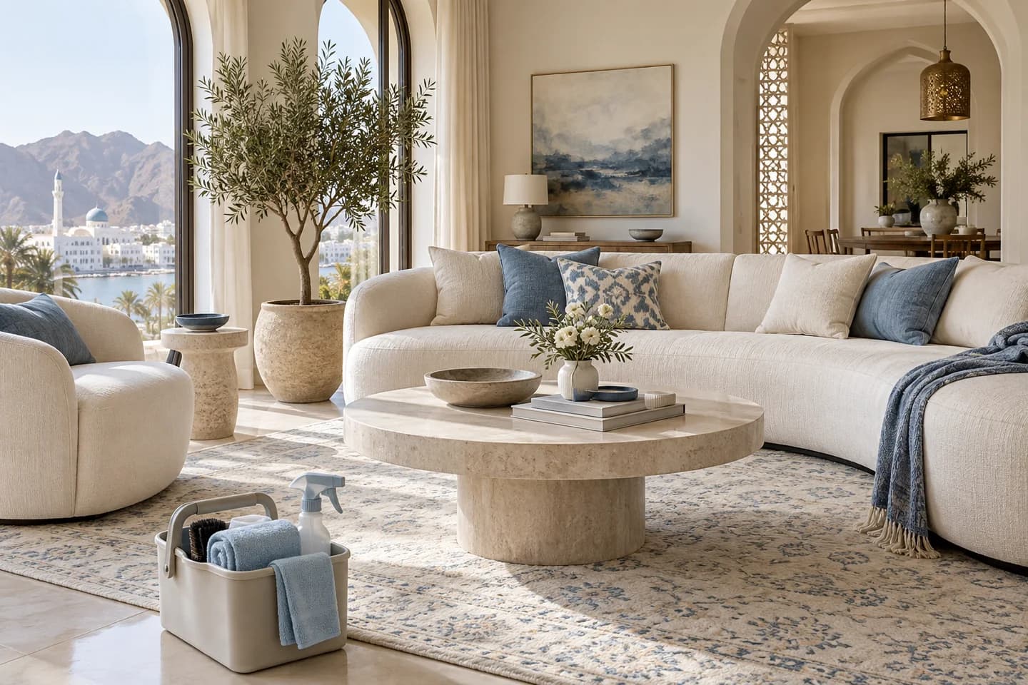 Cream sofa and stone coffee table with a cleaning caddy in an airy living room.
